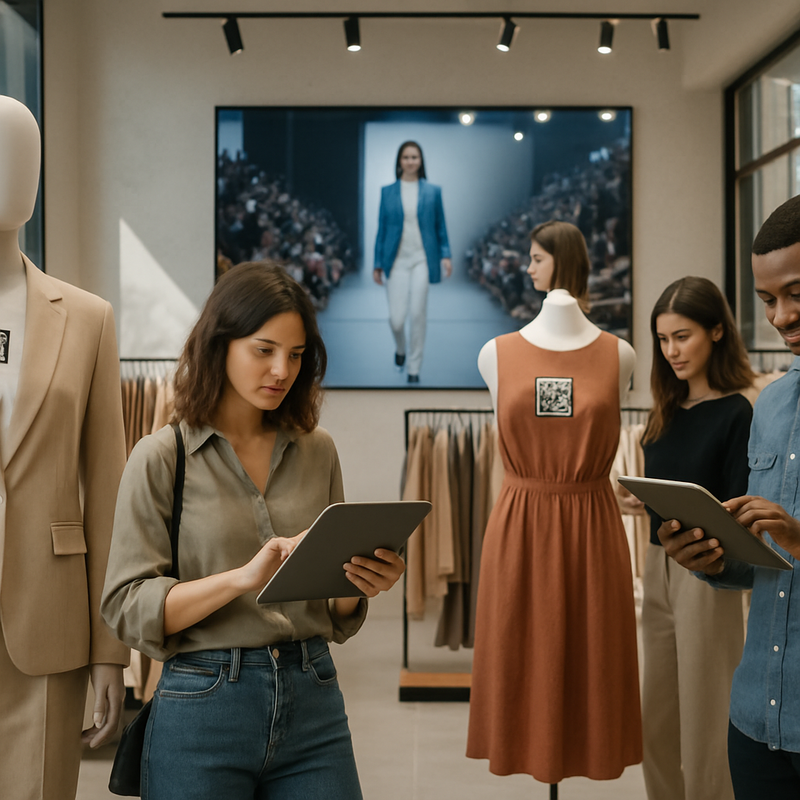 Modewinkel met digitale schermen en QR-codes op mannequins