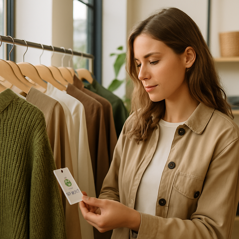 Vrouw bekijkt duurzaamheidslabel van kledingstuk in moderne kledingwinkel