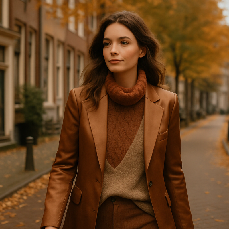 Vrouw in herfstmode met blazer en laagjes in Nederlandse stad