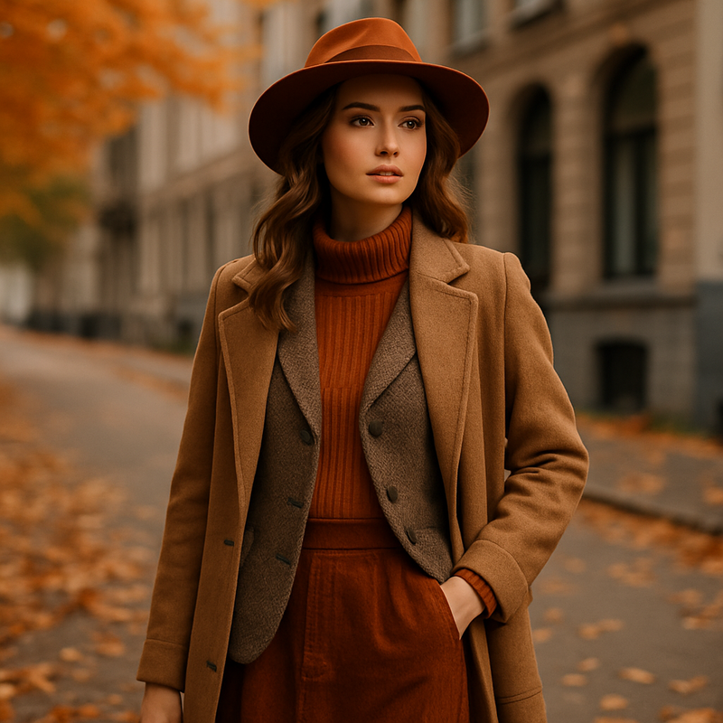 Vrouw in herfstmode 2025 met warme, aardse tinten en vintage-invloeden in een stadsomgeving