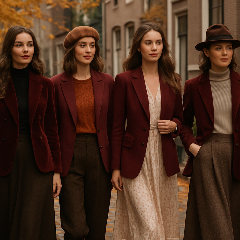 Moderne herfstmode met bordeauxrood en vintage kleding in een Nederlandse stedelijke omgeving