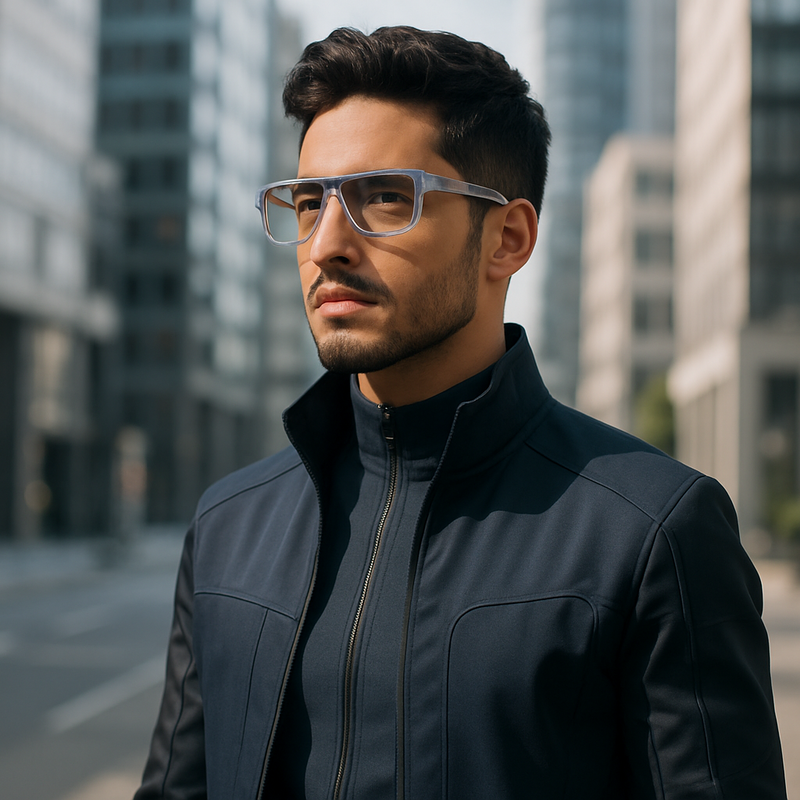 Persoon met slimme kleding en slimme bril op een stedelijke achtergrond