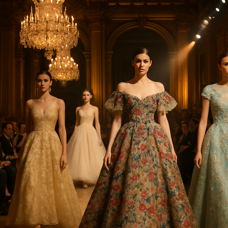 Modellen op een haute couture modeshow in Parijs met verfijnde detaillering en publiek