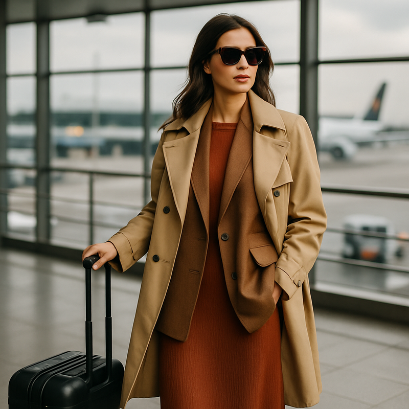 Vrouw in korte beige trenchcoat en oversized blazer met reiskoffer in luchthaven, herfstmode 2025.