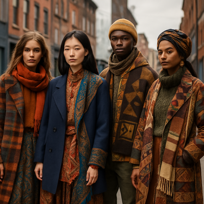 Diverse modellen in kleurrijke, culturele herfst/wintermode 2025 met rijke stoffen en handgemaakte accessoires