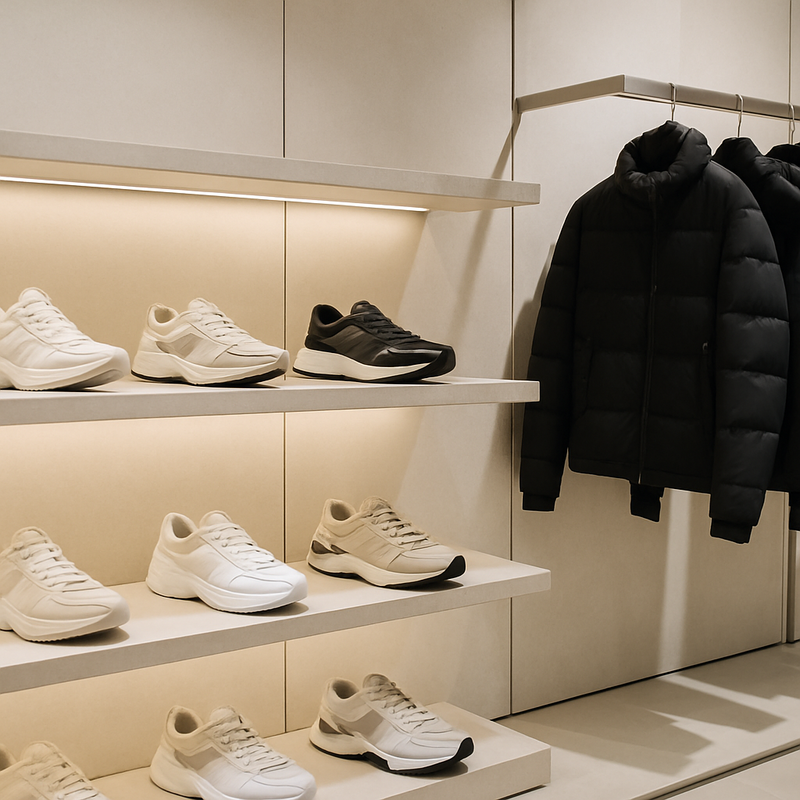 Luxe sneakers en jassen in een moderne winkelomgeving