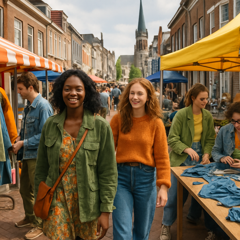 Straatbeeld van Tilburg tijdens Refashion Maand met vintage mode en upcycling workshops