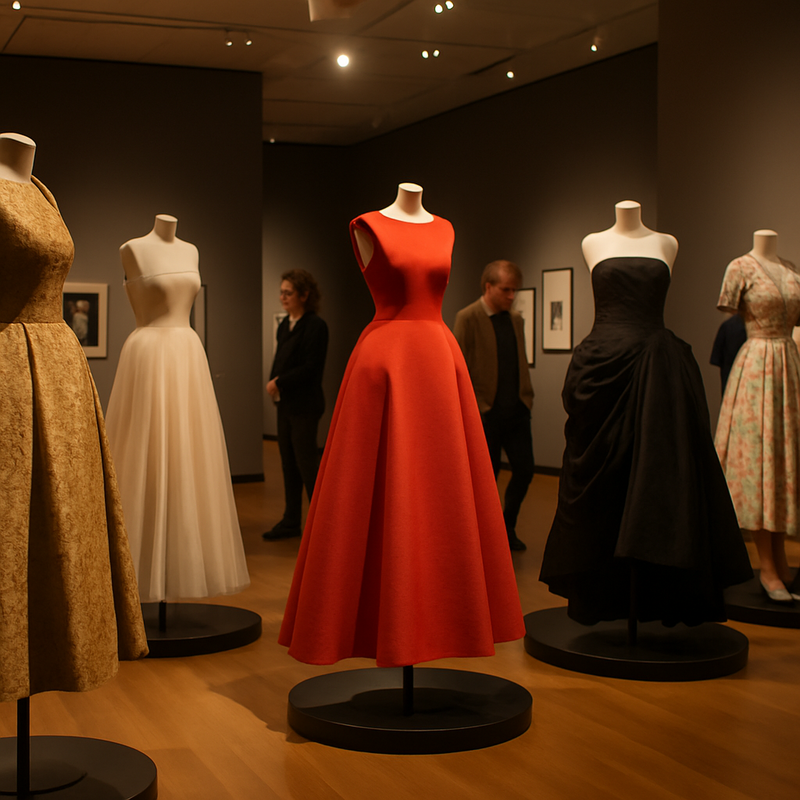 Moderne tentoonstelling met haute couture jurken in een museum, bezoekers bekijken exposities.
