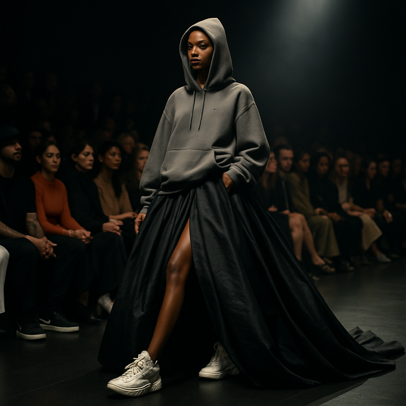 Model op catwalk draagt haute couture jurk gecombineerd met streetwear elementen