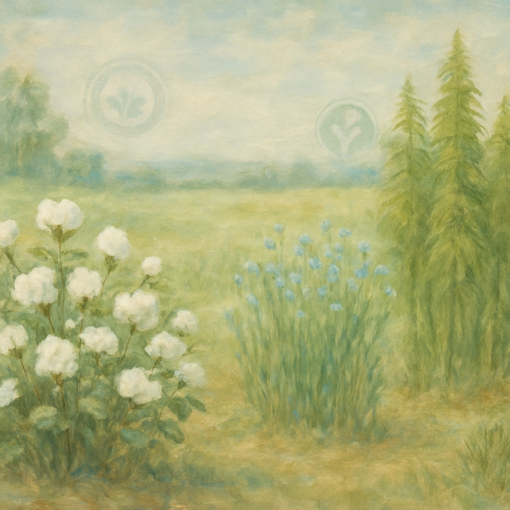 Een Monet-schilderij met zachtgroene en aardse tinten, dat een veld van biologisch katoen, vlas en hennep toont, symbolisch doorsneden door subtiele keurmerkstempels die de productketen vertegenwoordigen, met een serene, tijdloze sfeer.