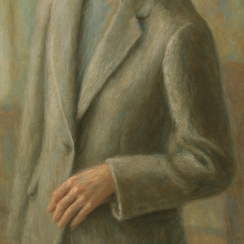 Een Monet-stijl schilderij van een hand die de mouw van een donker, goed op maat gemaakt kledingstuk van wol aanraakt, waarbij de fijne textuur en de soepele val van de stof worden benadrukt in zacht, diffuus licht. De achtergrond is onscherp.