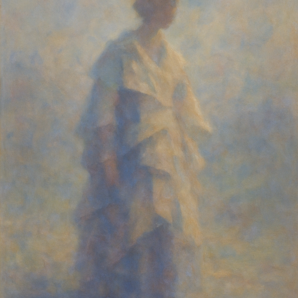 Een Monet-schilderij met een fluïde figuur in gelaagde, deconstructieve kleding, waarbij kleuren en vormen zacht in elkaar overvloeien, een metafoor voor hybriditeit in mode.