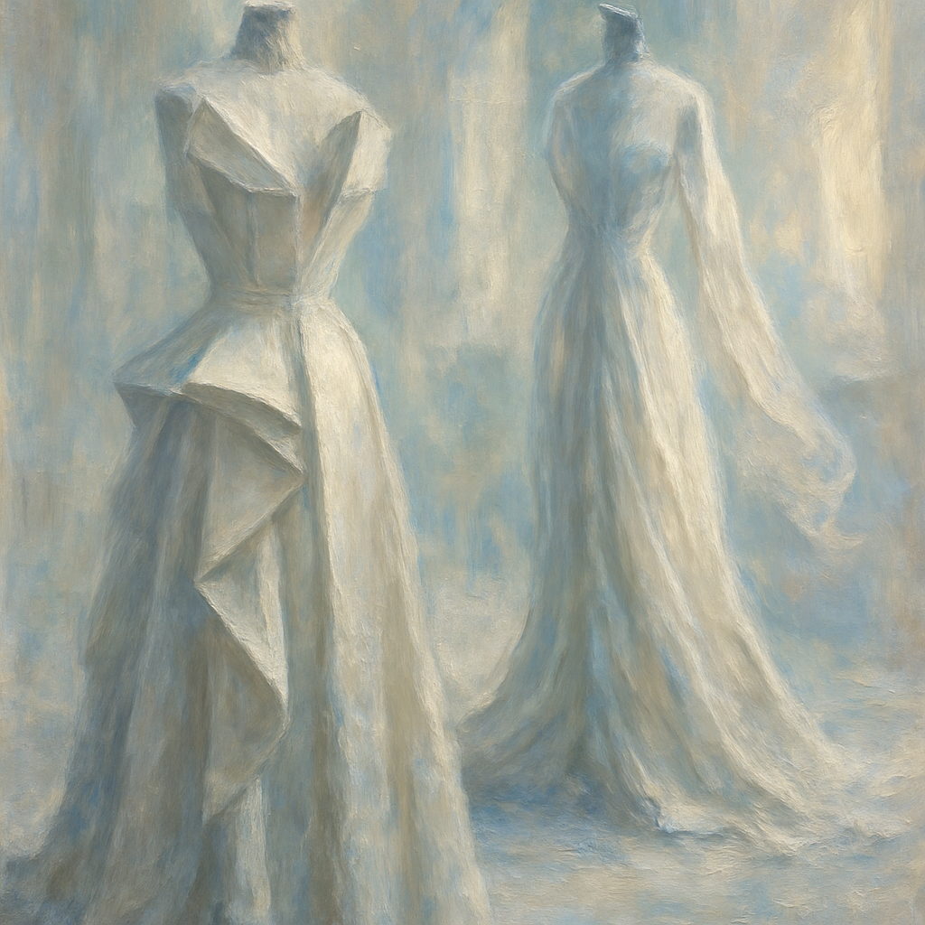 Een Monet-achtig schilderij van haute couture stoffen. De delicate draperieën en geometrische snitten creëren een paradoxaal gevoel van structuur en vloeibaarheid. De kleuren zijn zacht en gedempt, met een impressionistische achtergrond die de artistieke aard van de kleding benadrukt.