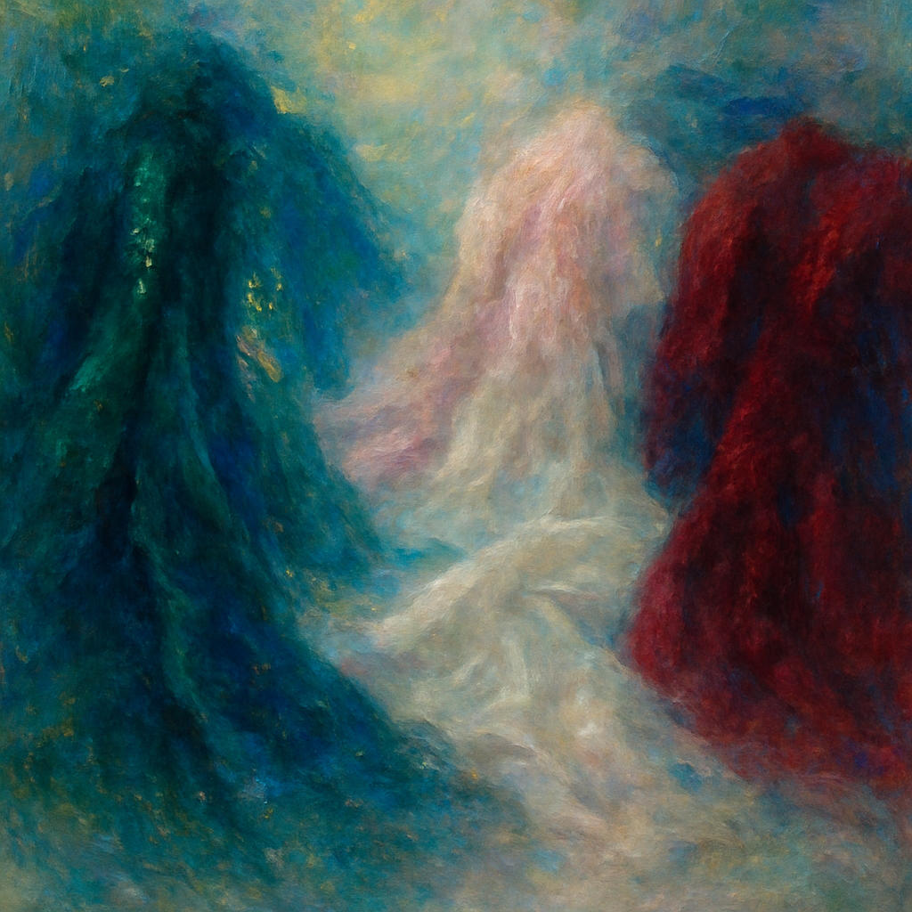 Schilderij in Monet-stijl van luxe haute couture stoffen in juweeltonen en zachte monochrome kleuren, met zichtbare texturen en subtiele details die licht vangen.