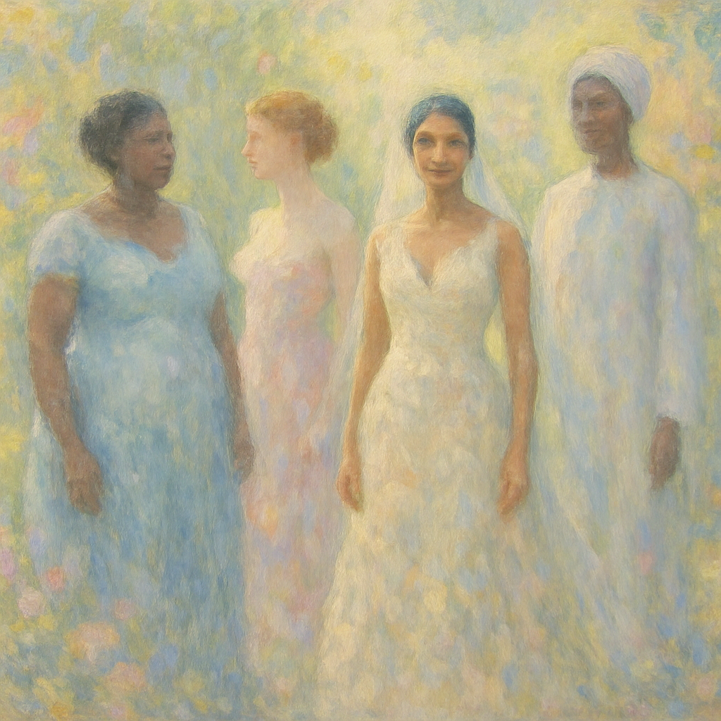 Een impressionistisch schilderij in Monet-stijl van diverse figuren gekleed in elegante haute couture, staand in een zonnige, bloemrijke tuin, wat individualiteit en inclusie symboliseert.
