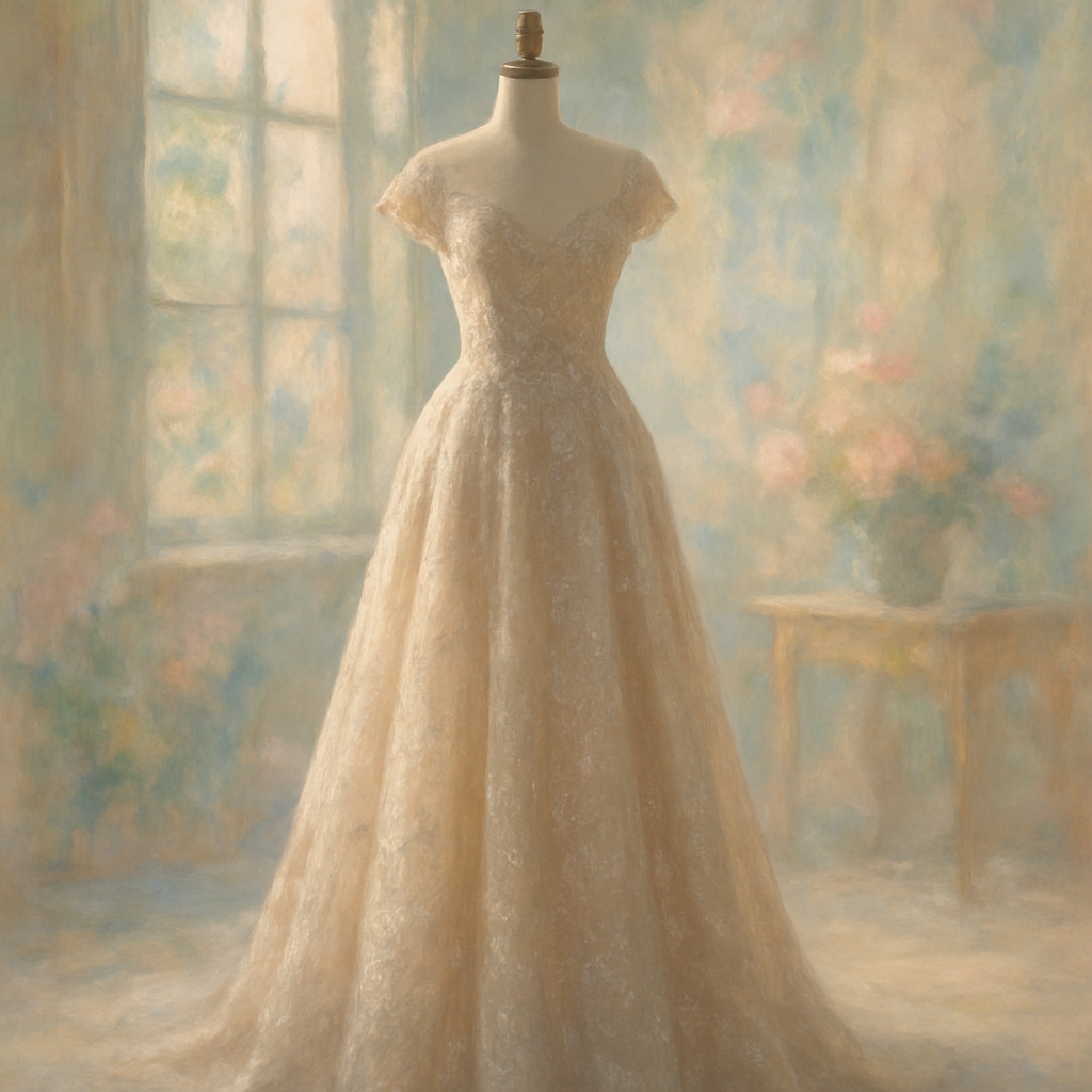 Een delicate haute couture japon, gehuld in zachte kleuren, staat elegant gedrapeerd in een impressionistische atelier setting, geïnspireerd op de stijl van Monet. De stoffen lijken organisch en stralen een duurzame elegantie uit.