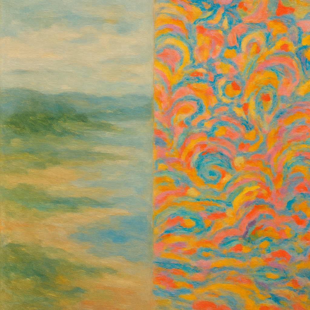Een schilderij in impressionistische stijl, verdeeld in twee contrasterende sferen. Links overheersen zachte, aardse tinten zoals groen, bruin en grijsblauw. Rechts domineren heldere, abstracte vormen in levendige kleuren die doen denken aan digitale kunst of droomlandschappen.