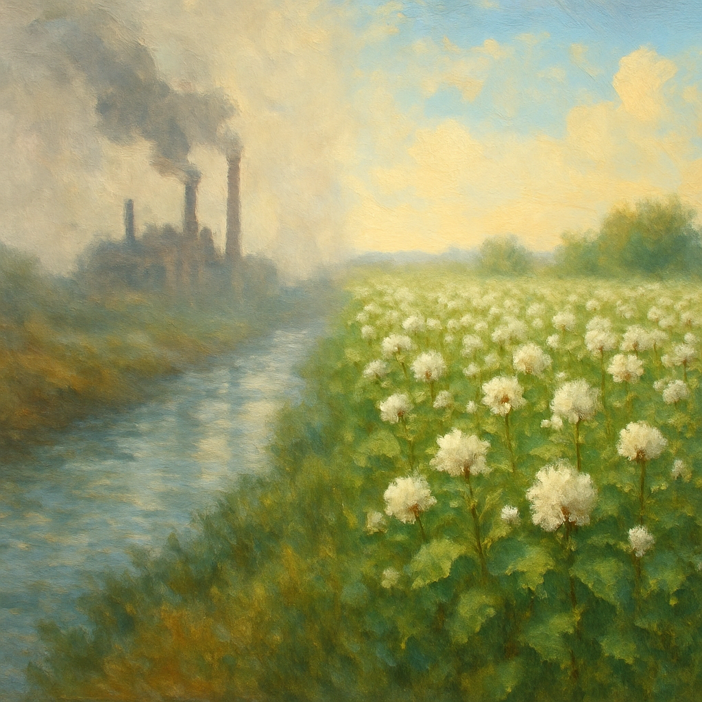 Een Monet-stijl schilderij dat een serene, dualistische landschapsscene voorstelt. Links vloeien zachte, vervuilde kleuren in een rivier met een vage fabriek op de achtergrond. Rechts bloeit een levendig groen veld onder een heldere lucht, met een vloeiende overgang tussen de twee.