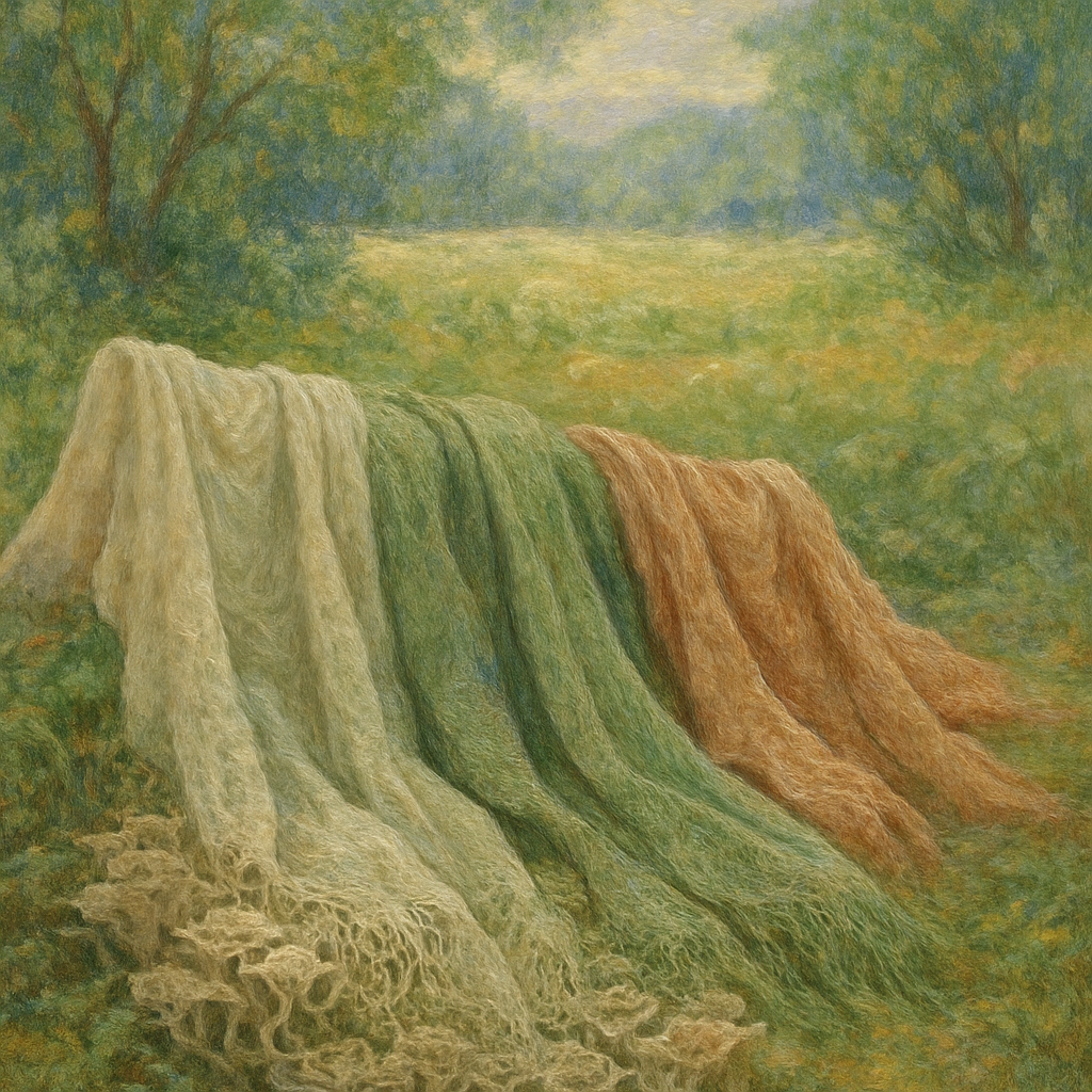 Een Monet-stijl schilderij van zacht gedrapeerde, duurzame stoffen over mycelium in een zonovergoten natuurlijke omgeving, met een veld van regeneratieve landbouw op de achtergrond. De kleuren zijn zacht en aards.