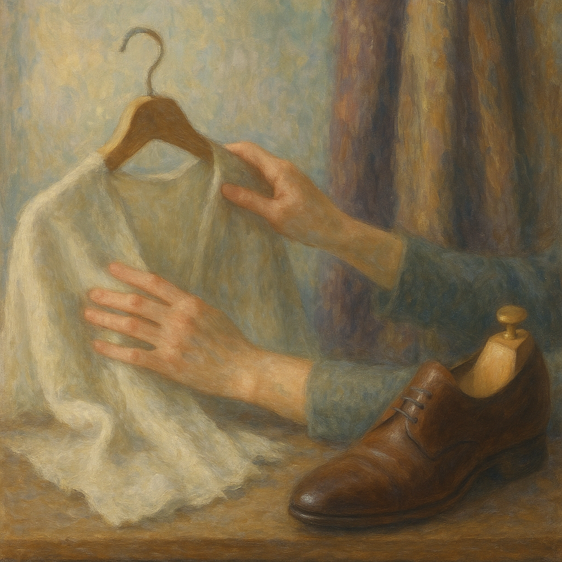 Een Monet-stijl schilderij van handen die een kledingstuk borstelen, met een schoen op een schoenspanner op de achtergrond, in een zachte, rustige omgeving.