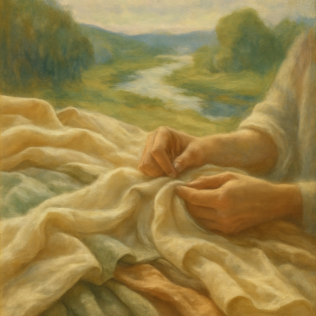 Een Monet-stijl schilderij met zachte stoffen in natuurlijke kleuren, subtiele handen die naaien, en een sereen landschap op de achtergrond. De afbeelding ademt vakmanschap, geschiedenis en respect voor de herkomst van materialen.
