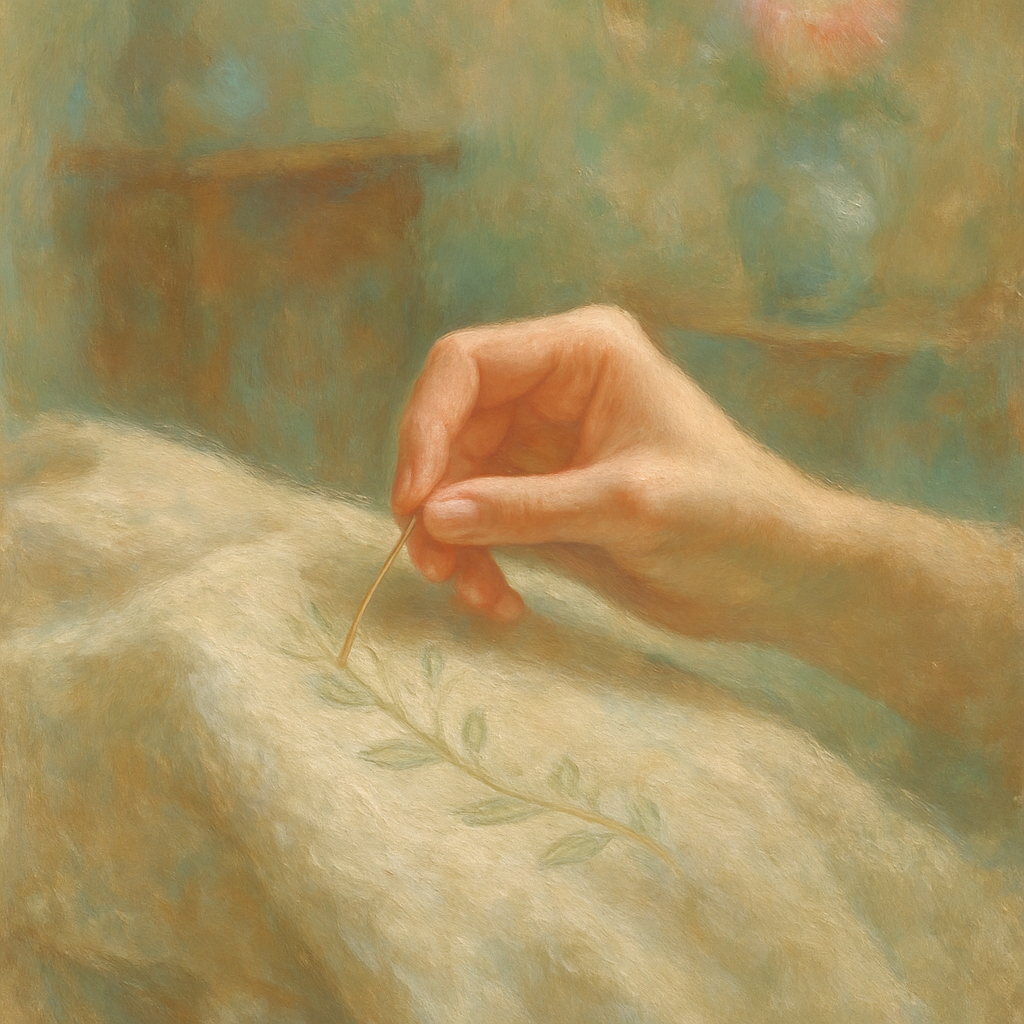 Een Monet-achtig schilderij van een hand die met delicate steken borduurt op licht linnen, met een zachte, onscherpe achtergrond van een serene werkruimte.