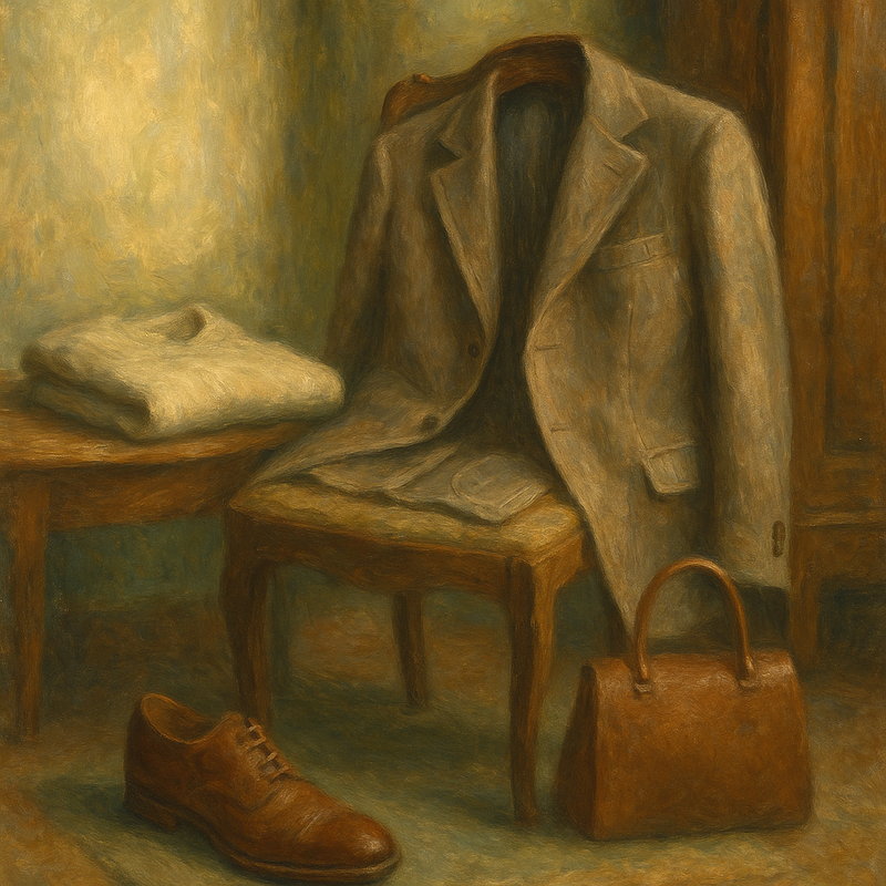 Een Monet-stijl schilderij toont een serene dressing room met een getailleerde blazer, een kasjmier trui, een leren handtas en klassieke schoenen, die de details en texturen van hoogwaardige kleding benadrukken.