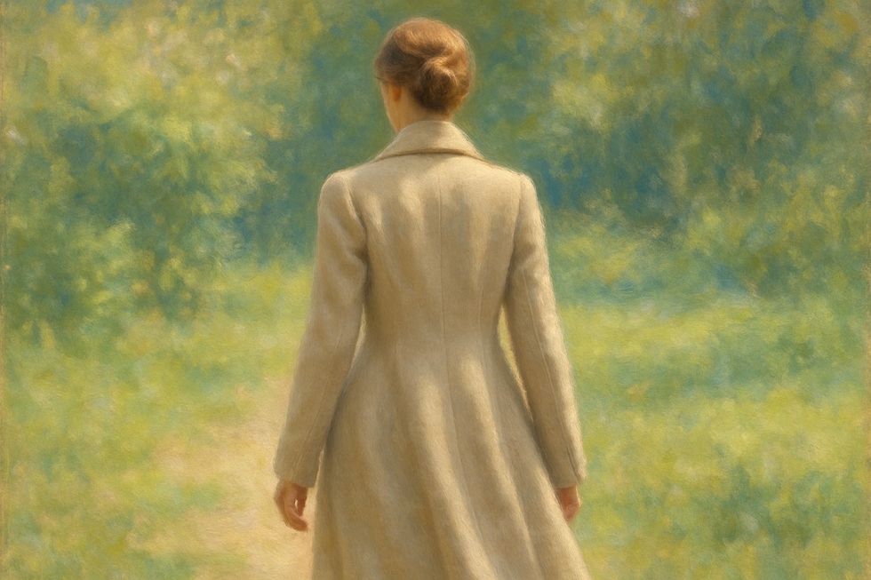 Een Monet-achtig schilderij van een vrouw in een elegante, goed vallende jas die door een zonnige tuin loopt, symbool voor stille luxe.