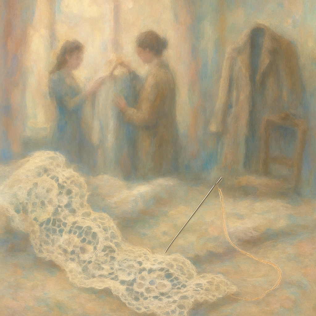 Een Monet-schilderij toont vintage kant, een naald en draad, en vage figuren in een elegante boetiek. Een wollen jas op de achtergrond symboliseert erfstukken en vakmanschap.