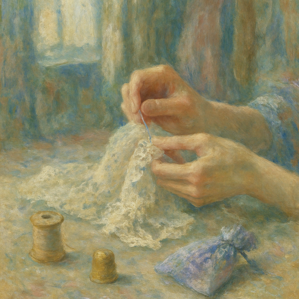 Monet-stijl schilderij van handen die een delicaat stuk kant repareren met naald en draad, omringd door naaibenodigdheden en lavendelzakjes, in een serene, nostalgische sfeer.