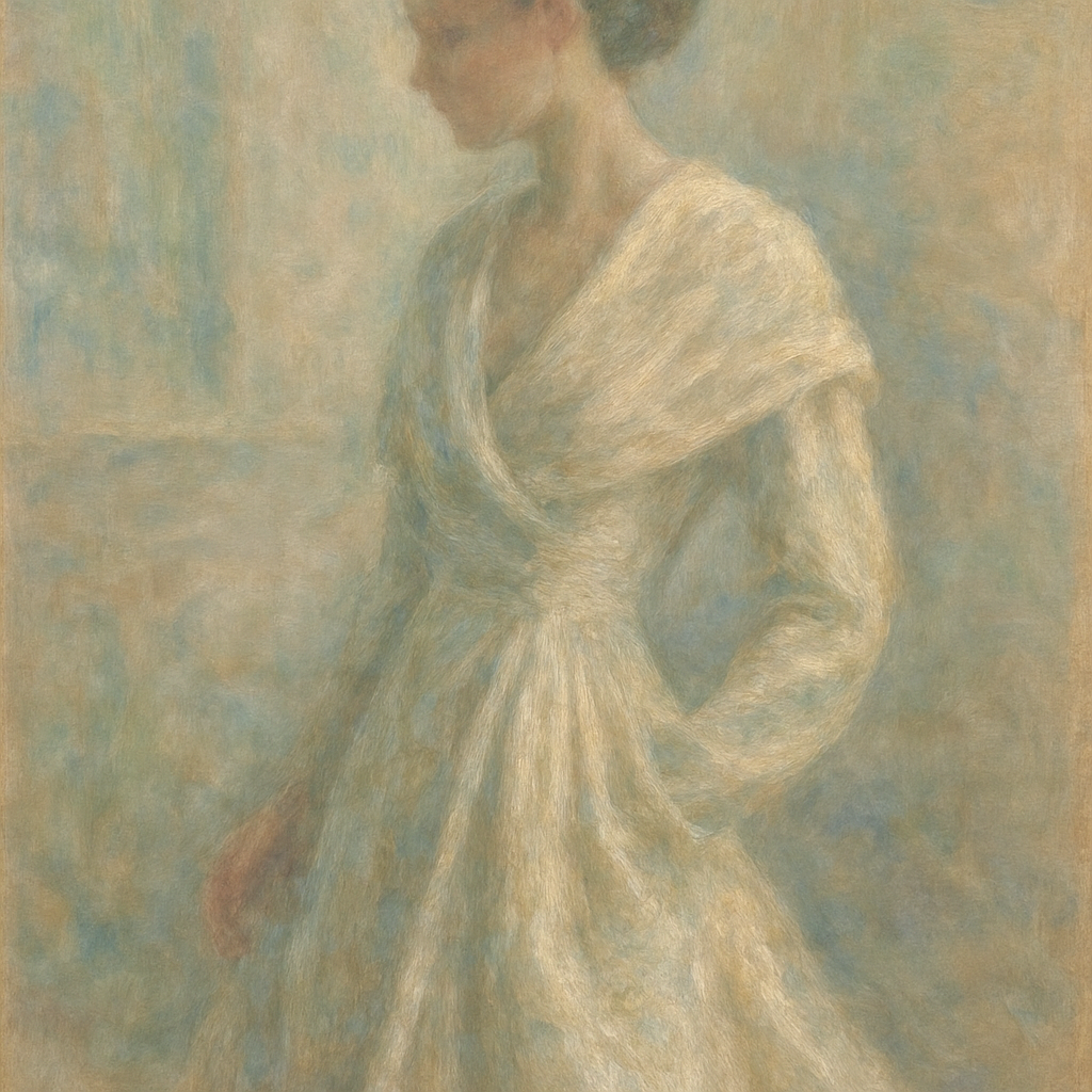 Een Monet-stijl schilderij van een figuur gehuld in een elegant, golvend couturestuk van verfijnde stof. De focus ligt op de textuur, zachte lijnen en beweging van de kleding, tegen een serene, abstracte achtergrond. De kleuren zijn gedempt en de belichting is zacht, wat een gevoel van rustige luxe oproept.