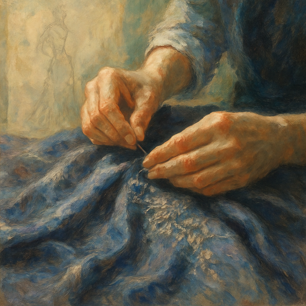 Een Monet-achtig schilderij van handen die met grote precisie werken aan zijden stof met fijn borduurwerk, met een schets op de achtergrond.