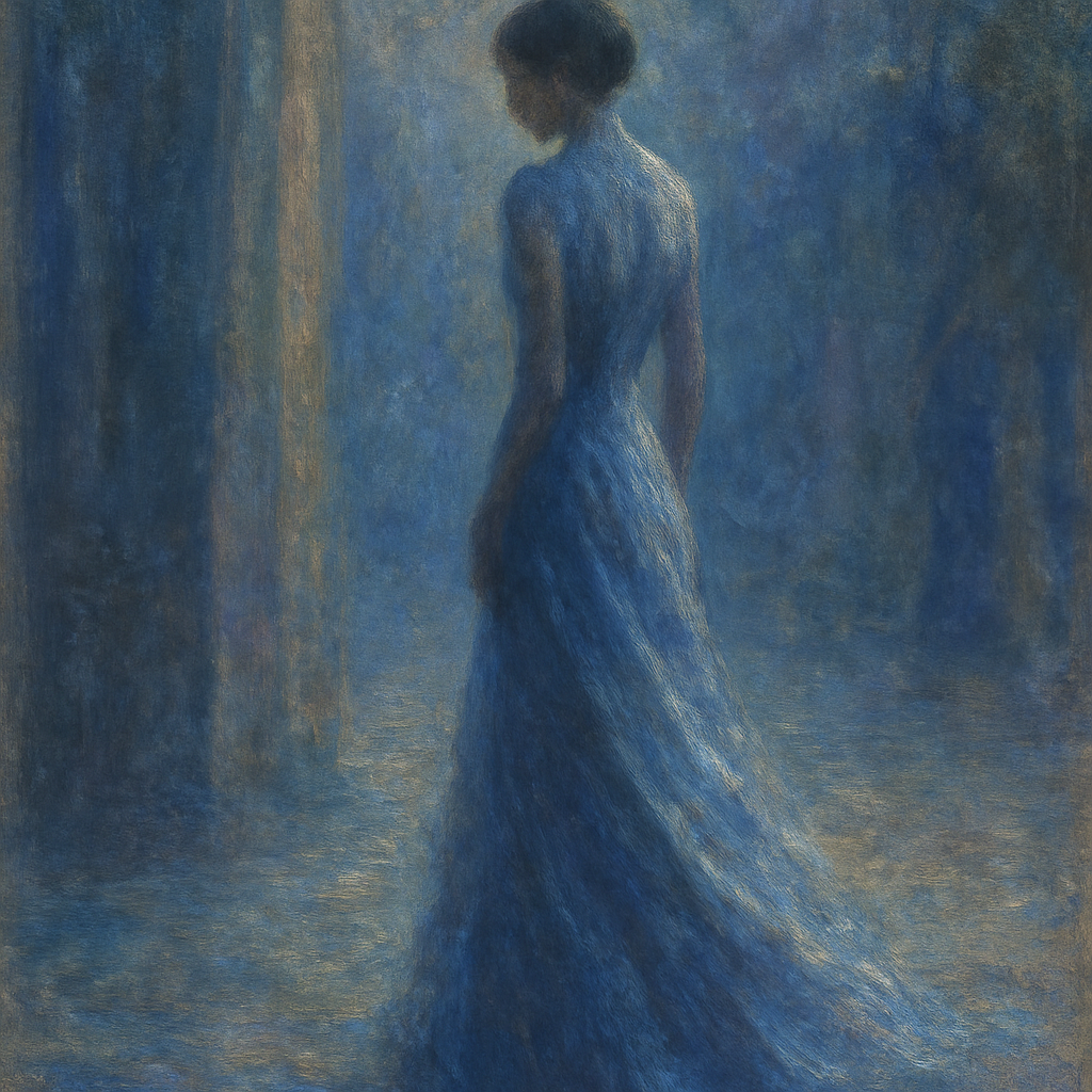 Een Monet-achtig schilderij van een figuur in een elegante Armani Privé japon, lopend in een verfijnde, gedempte omgeving, symboliserend discreette luxe en exclusiviteit.
