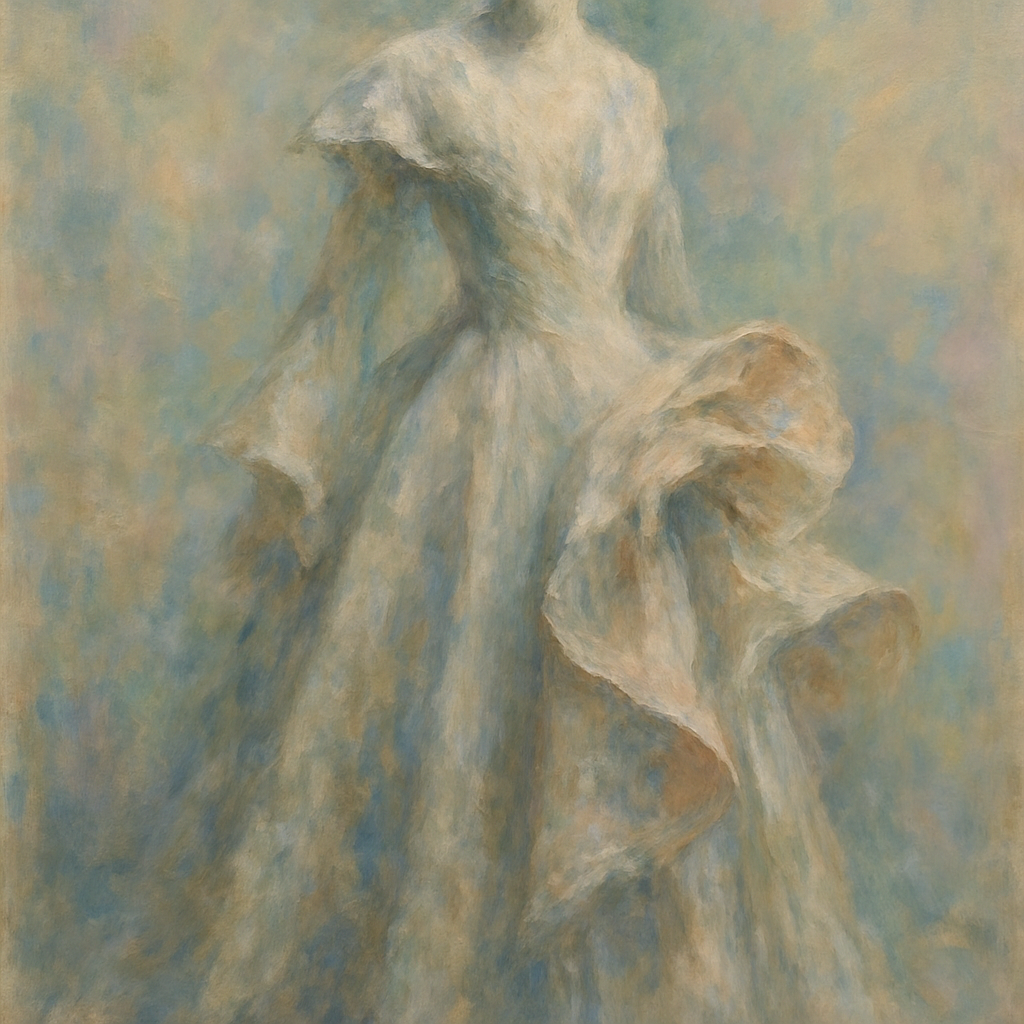 Een impressionistisch schilderij in Monet-stijl van een abstracte, golvende haute couture jurk met onconventionele vormen en zachte volumes. De jurk, gedrapeerd op een vage mannequin, toont details die experimenteel vakmanschap benadrukken tegen een dromerige, wazige achtergrond.