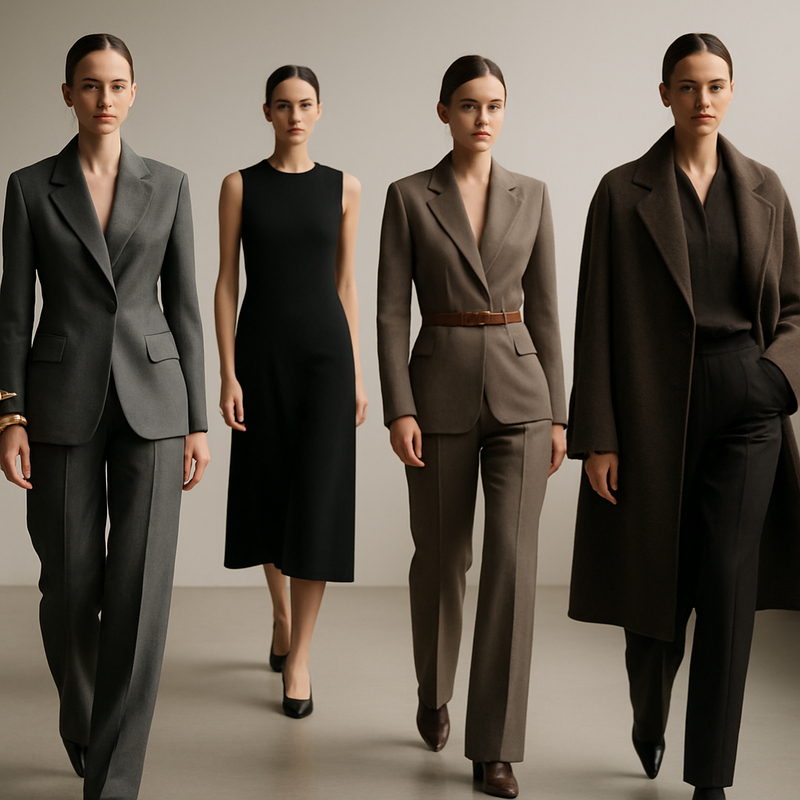 Modellen op een catwalk in minimalistische haute couture in neutrale kleuren met sobere, luxe accessoires