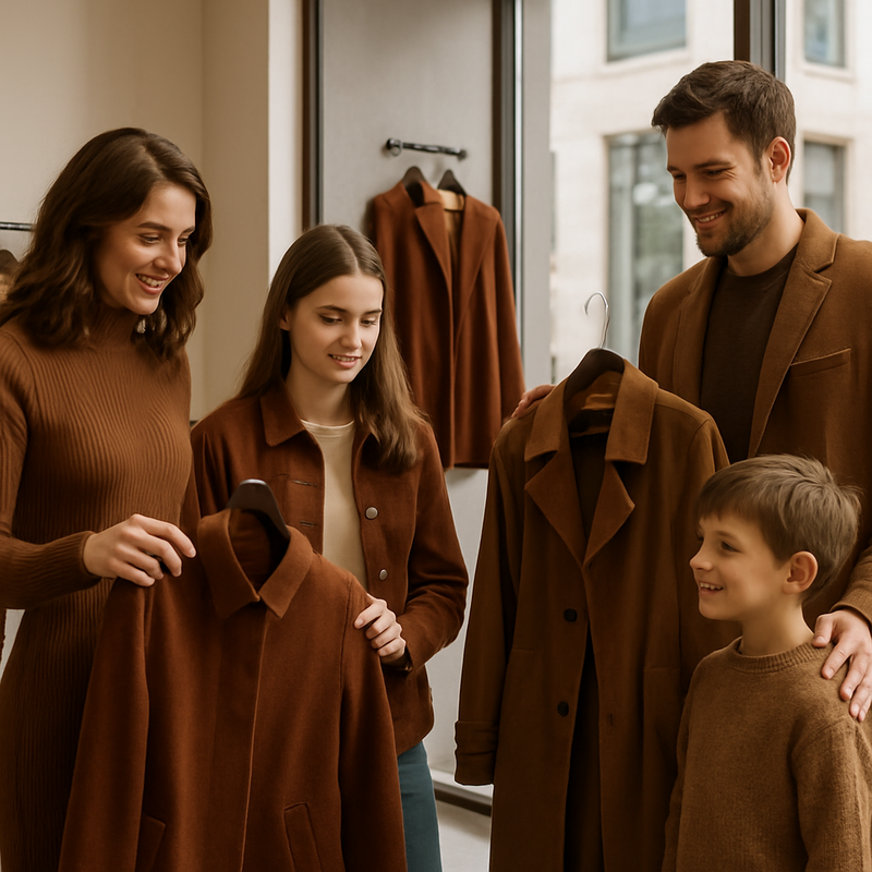 Gezin winkelt duurzame luxe mode in een stijlvolle boetiek met kleding in aardse tinten.