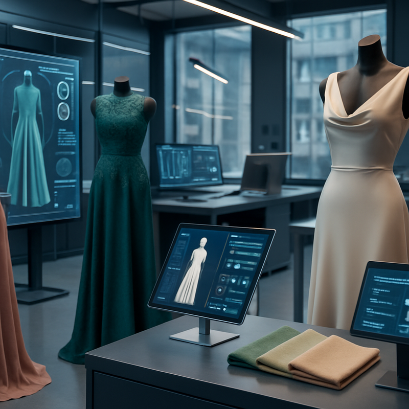 Luxe mode atelier met AI-technologie en duurzame textielmaterialen