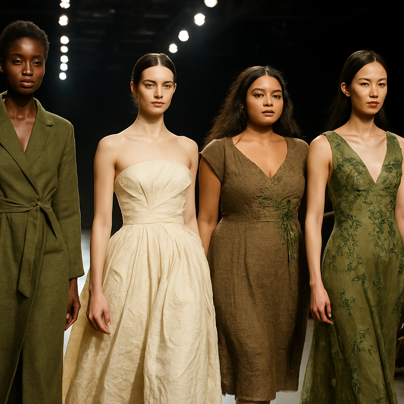 Modellen op loopbrug in duurzame Nederlandse haute couture, diverse stijlen, fel verlicht