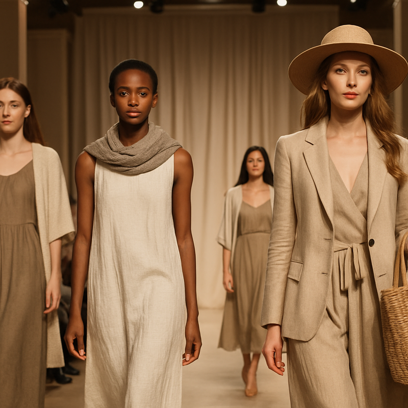 Modellen op een runway show presenteren duurzame couture kleding en accessoires.