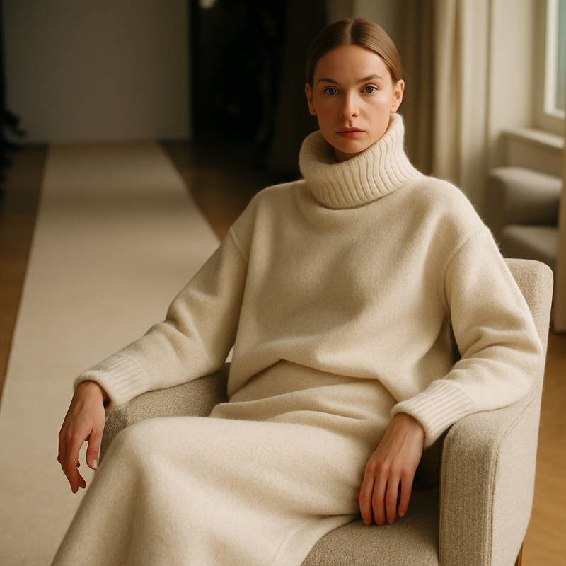 Moderne vrouw draagt comfortabele Scandinavische luxe outfit met zachte stoffen in een elegante setting