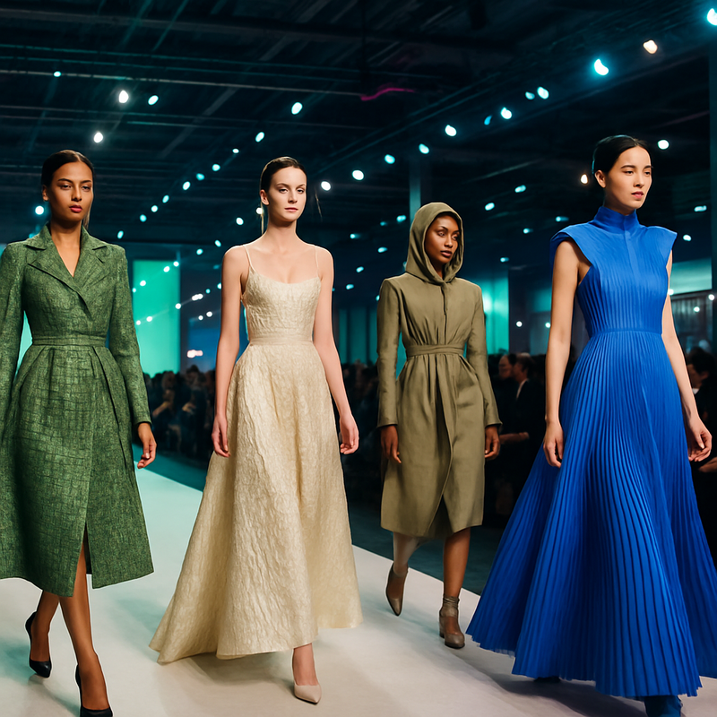 Modellen op de catwalk van een haute couture show met duurzame, innovatieve modecollecties