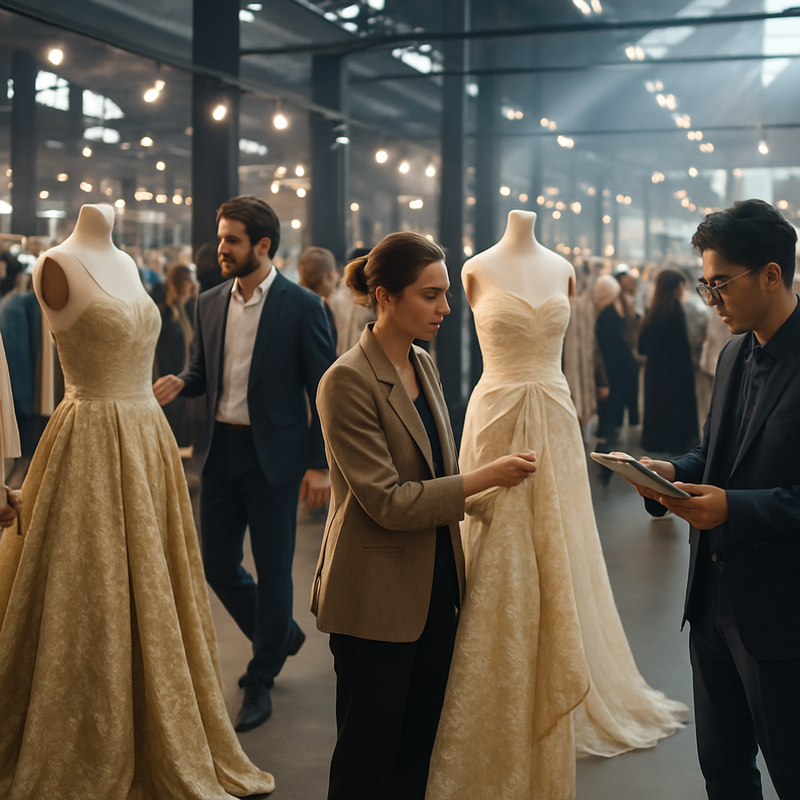 Beursvloer van een internationale modebeurs met ontwerpers en luxe stoffen