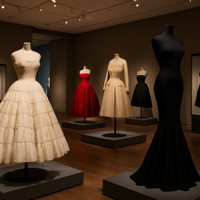 Expositie met haute couture jurken van Christian Dior en Azzedine Alaïa in moderne galerie