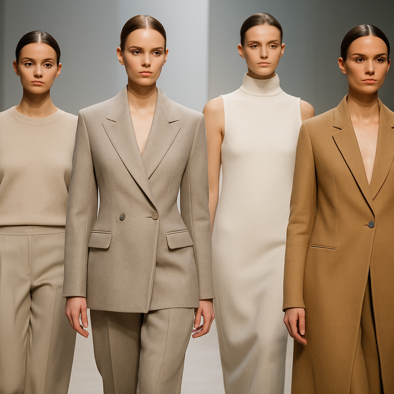 Minimalistische modellen op de catwalk in elegante, neutrale winterkleding met subtiele make-up