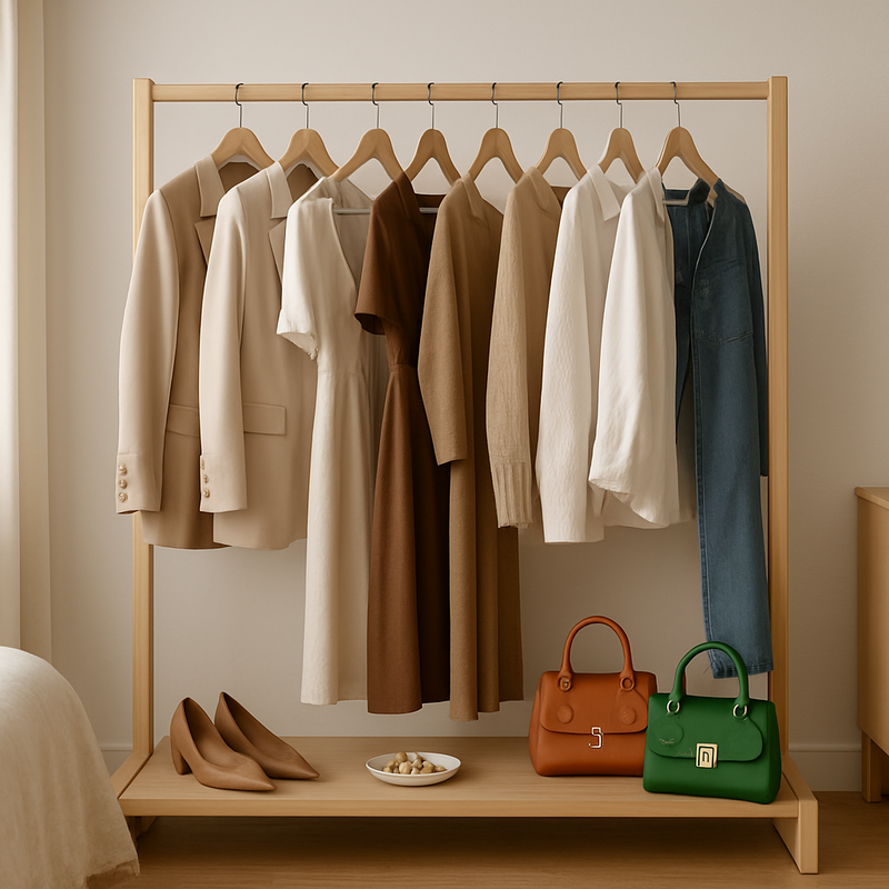 Capsule wardrobe met organiserende kledingstukken in neutrale tinten en opvallende accessoires