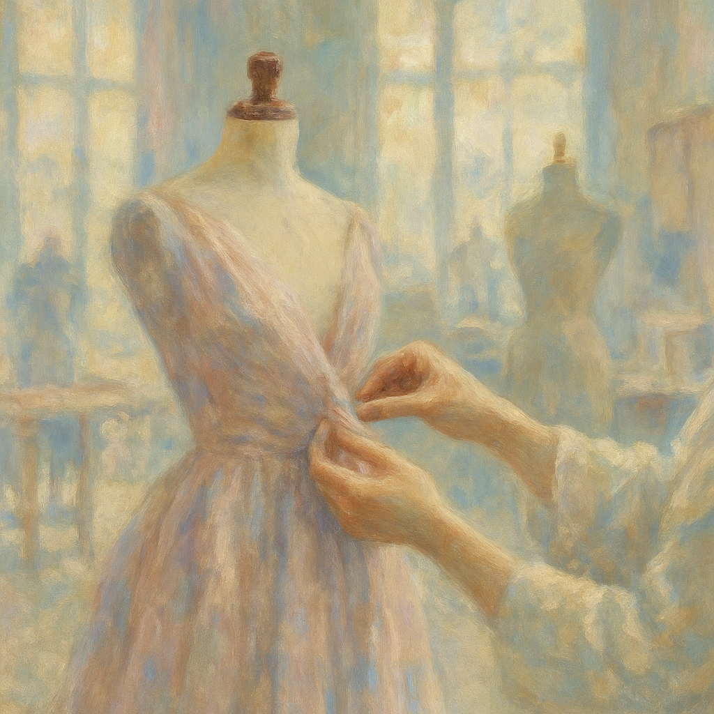 Een Monet-stijl schilderij van een haute couture atelier. Zachte pastelkleurige stoffen zijn over een paspop gedrapeerd, terwijl bekwame handen met precisie aan een detail werken. De achtergrond toont vage contouren van andere werkstations, badend in natuurlijk licht.