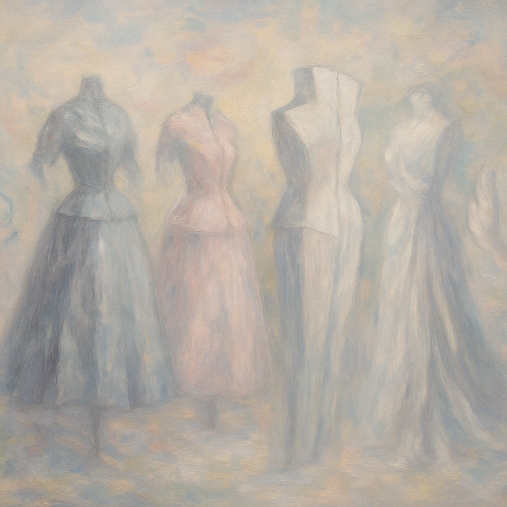 Een Monet-achtig schilderij dat de tijdloze elegantie van Christian Dior weerspiegelt. Het toont zachte, vloeiende stoffen in diverse stijlen, van de 'New Look' tot moderne contouren, zwevend in een etherische, lichtgevende sfeer.