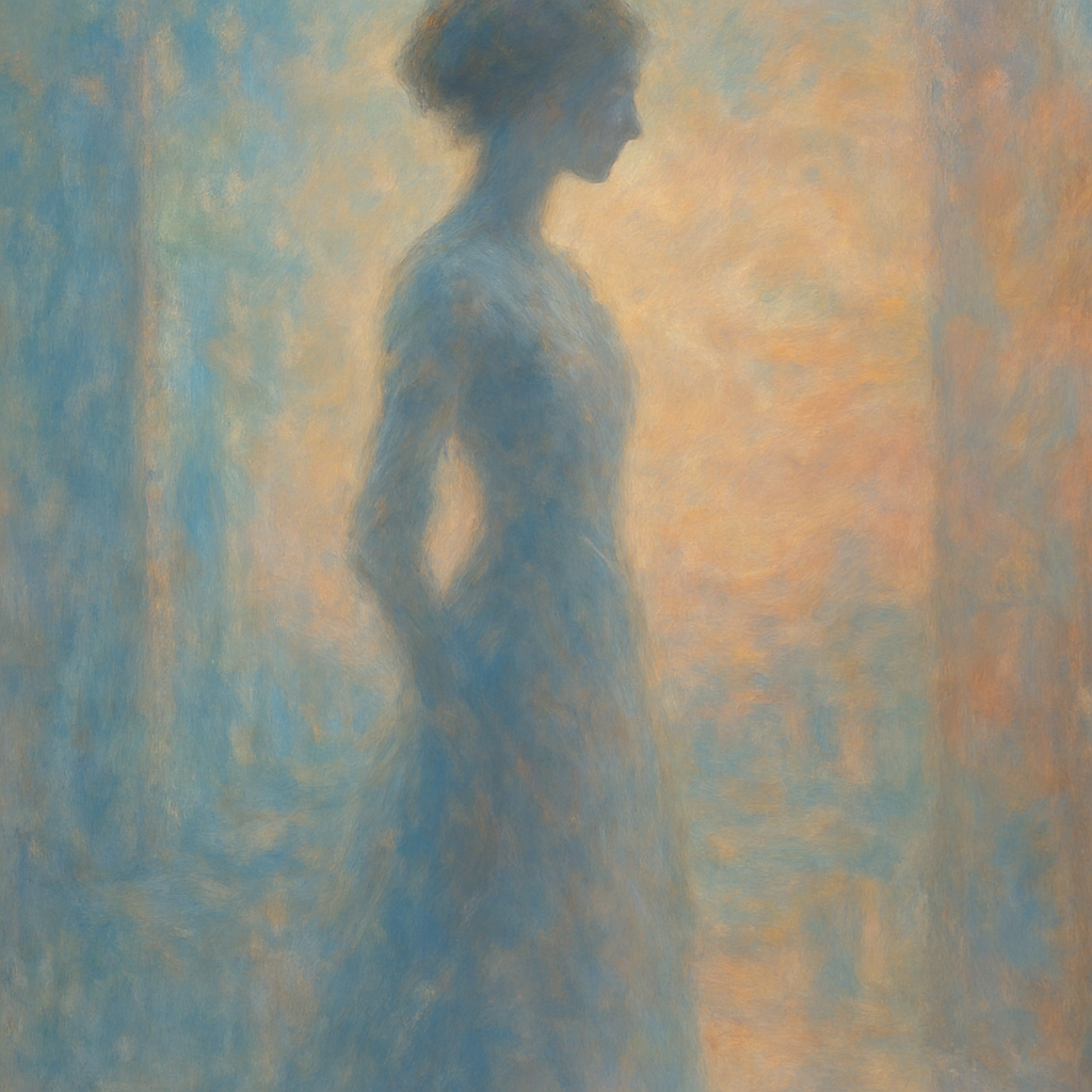 Een Monet-stijl schilderij van een elegante, maar onduidelijk herkenbare figuur, gehuld in een tijdloze, vloeiende silhouette, die op een serene wijze deel uitmaakt van een impressionistisch landschap met zachte, vervagende kleuren die een gevoel van een historische periode en culturele verandering oproepen. De focus ligt op de uitstraling en de aanwezigheid, niet op specifieke details van de kleding of het gezicht.