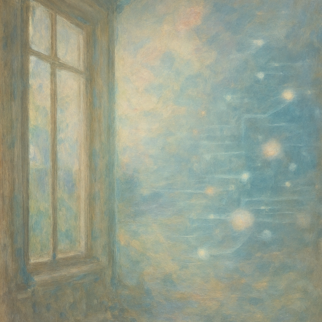 Een Monet-achtig schilderij dat de samensmelting van historische architectuur en moderne digitale concepten toont. Het symboliseert de voortdurende evolutie van luxe merken, met zachte penseelstreken die traditie en innovatie harmonieus verbinden.