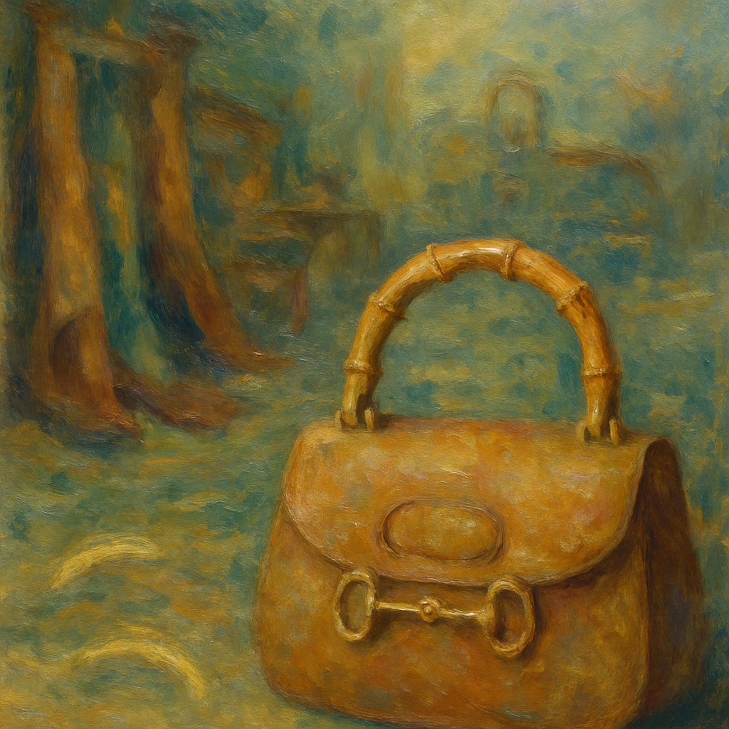 Een Monet-achtig schilderij dat de evolutie van Gucci toont, met op de achtergrond een vaag weergegeven lederwerkplaats en op de voorgrond abstracte vormen van een bamboe handvat en paardenbit.